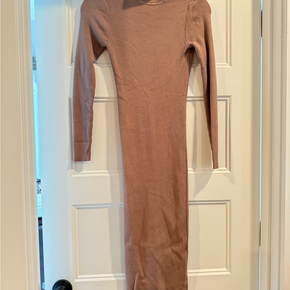 Elegant Tan Ribbed Knit Dress